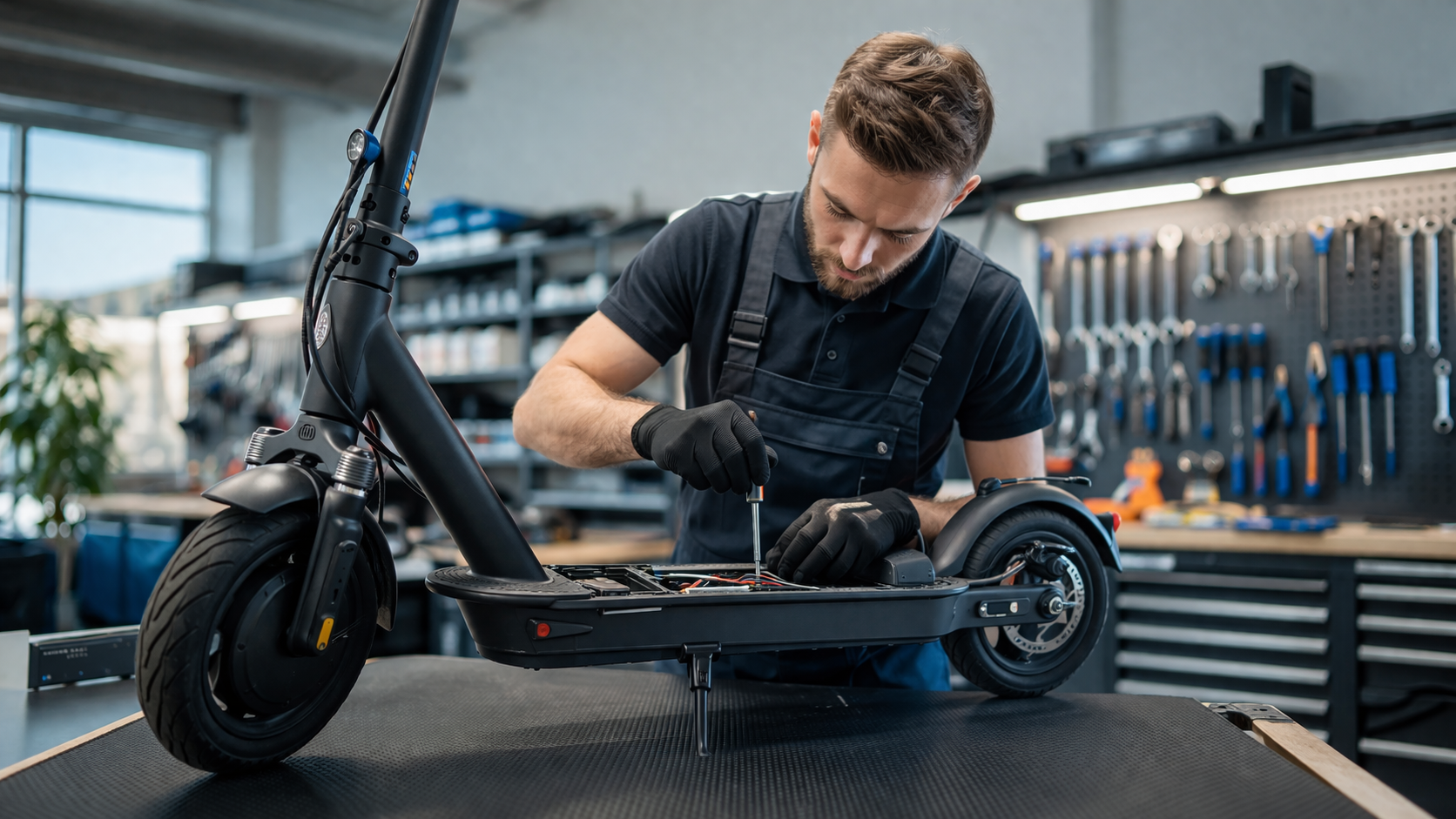 Techniker repariert E-Scooter in professioneller Werkstatt